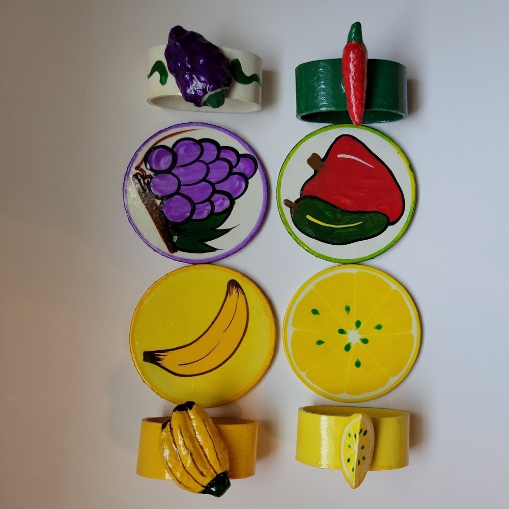 VTG 8 Folk Art‎ Paper Mache Napkin Rings and 8 Coasters Lot Fruit Mexican Bright - Picture 4 of 10
